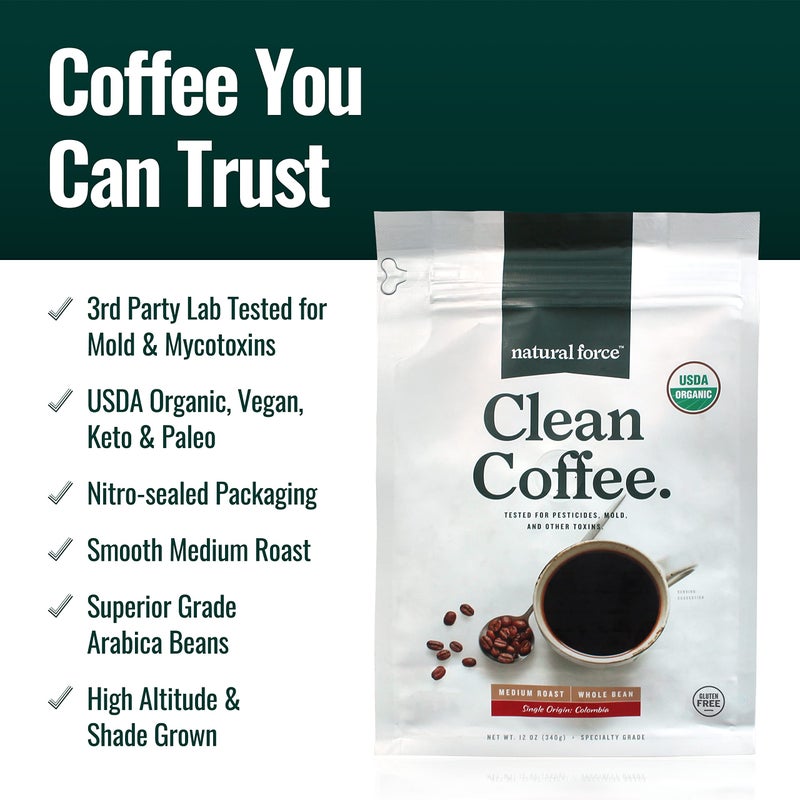 Natural Force - Organic Clean Coffee Classic, Mold & Mycotoxin Free, Lab Tested for Toxins & Purity, Low Acidity, Incredible Taste & Aroma, Whole Bean Medium Roast, 12 oz - Image 3